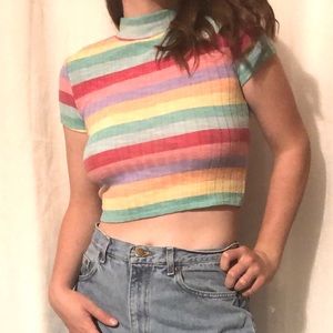 Rainbow Striped Pastel Turtleneck Crop Top